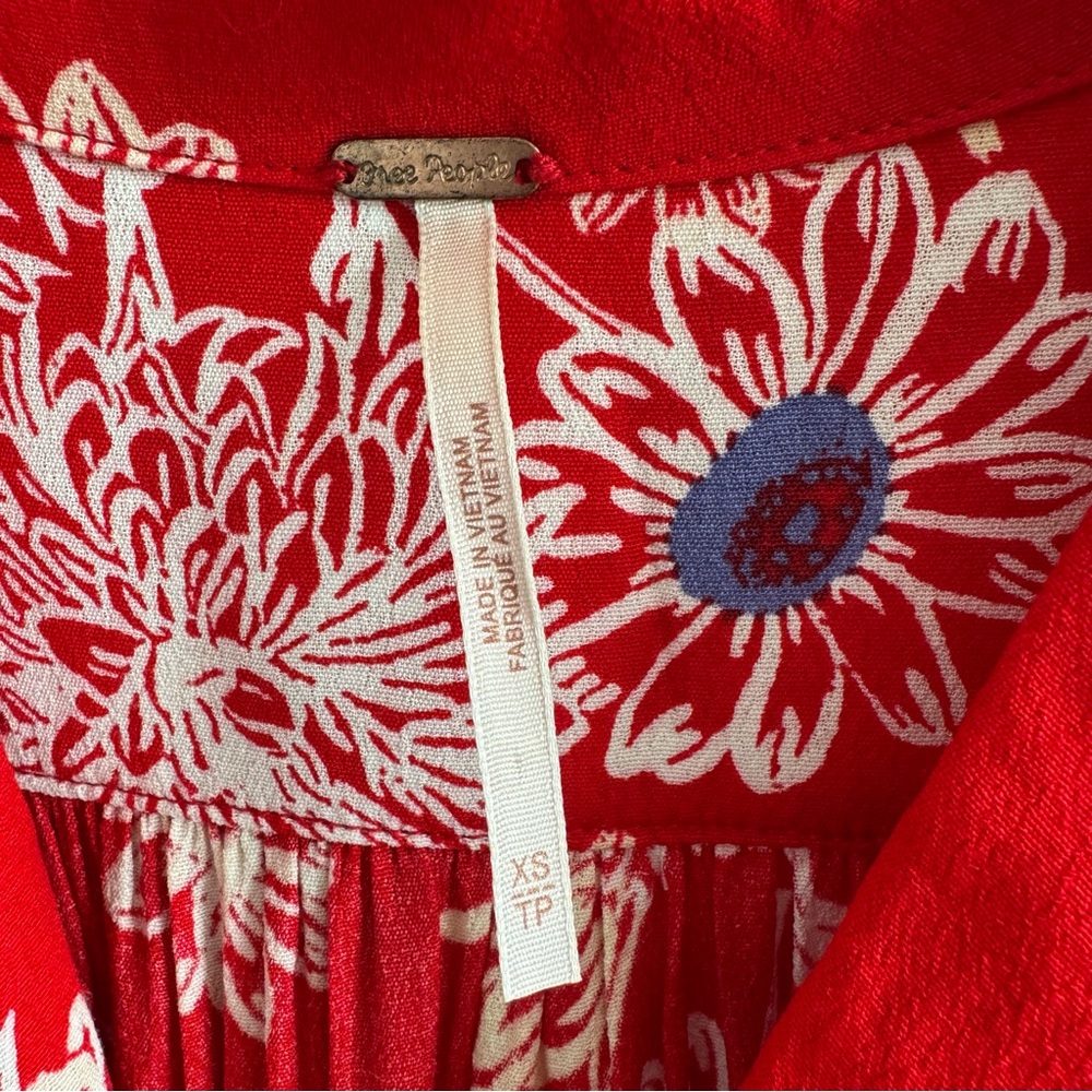 Free People Blue Hawaii Red Floral Print Short Sleeve Mini Dress A-Line Boho - Picture 11 of 14